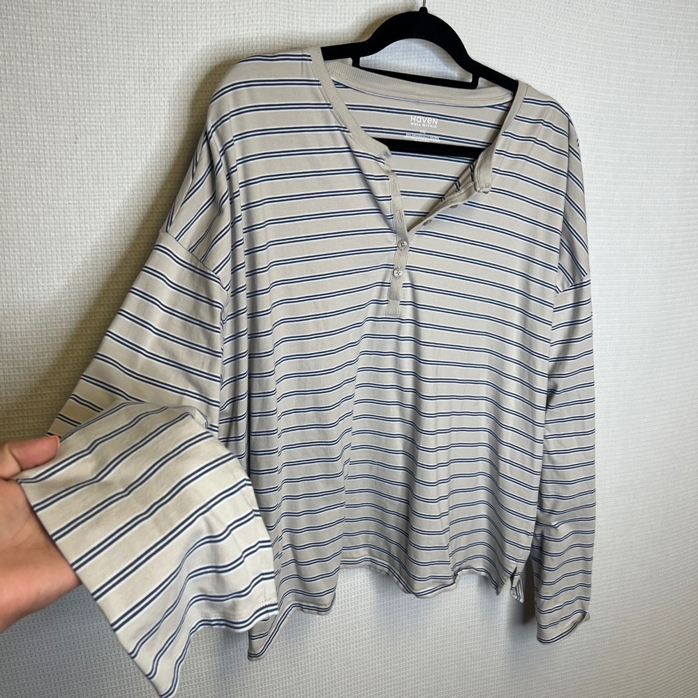 Haven Well Within Striped Henley Top XXL Beige Blue Organic Cotton Long Sleeve - Picture 1 of 6